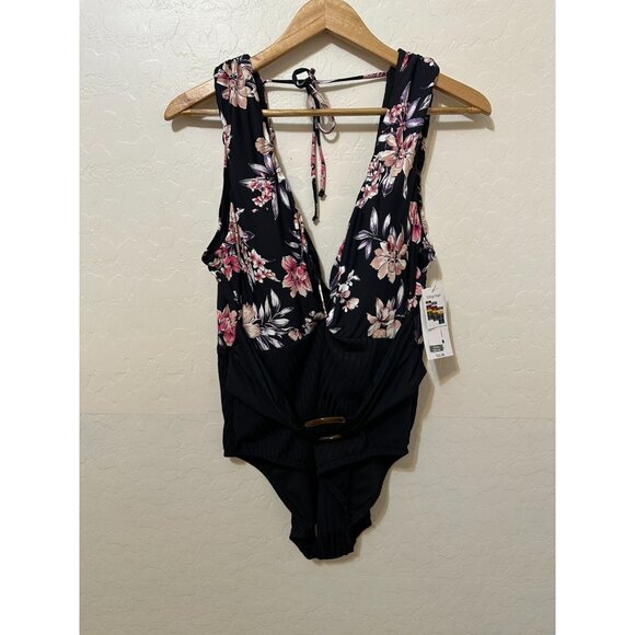 Tropical Floral Deep V neck Once Piece Swimsuit size XL Cheeky High Leg Travel - Picture 1 of 14